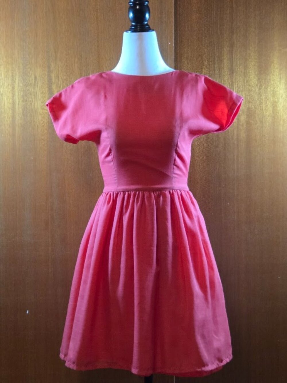 Vintage Handmade Coral Pink Grid Windowpane Fit & Flare Dress - Small